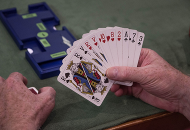 Main d'un joueur tenant des cartes au Bridge